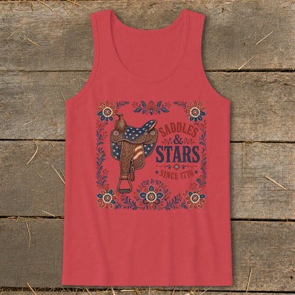 Red tank top with a saddle and the text "Saddles & Stars Since 1776".