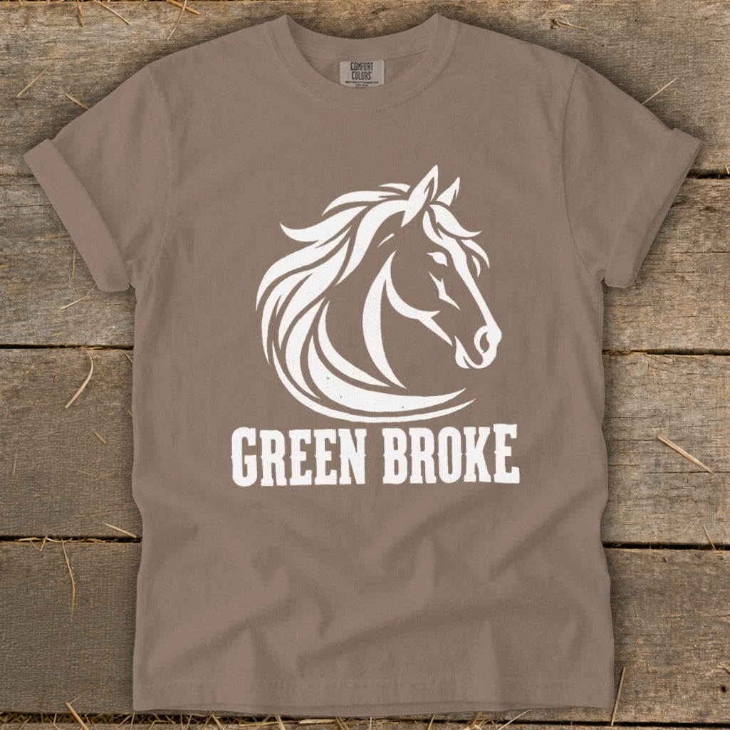 Brown crewneck t-shirt featuring a white horse head logo and the text GREEN BROKE below it.