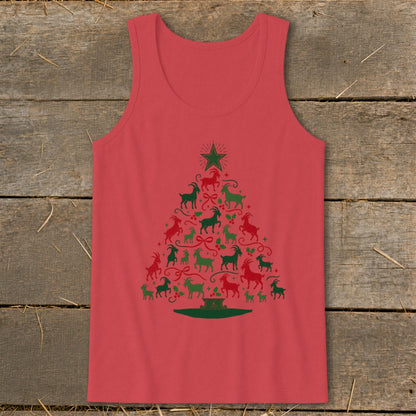 Coral tank top with a Christmas tree design made of red and green goats.
