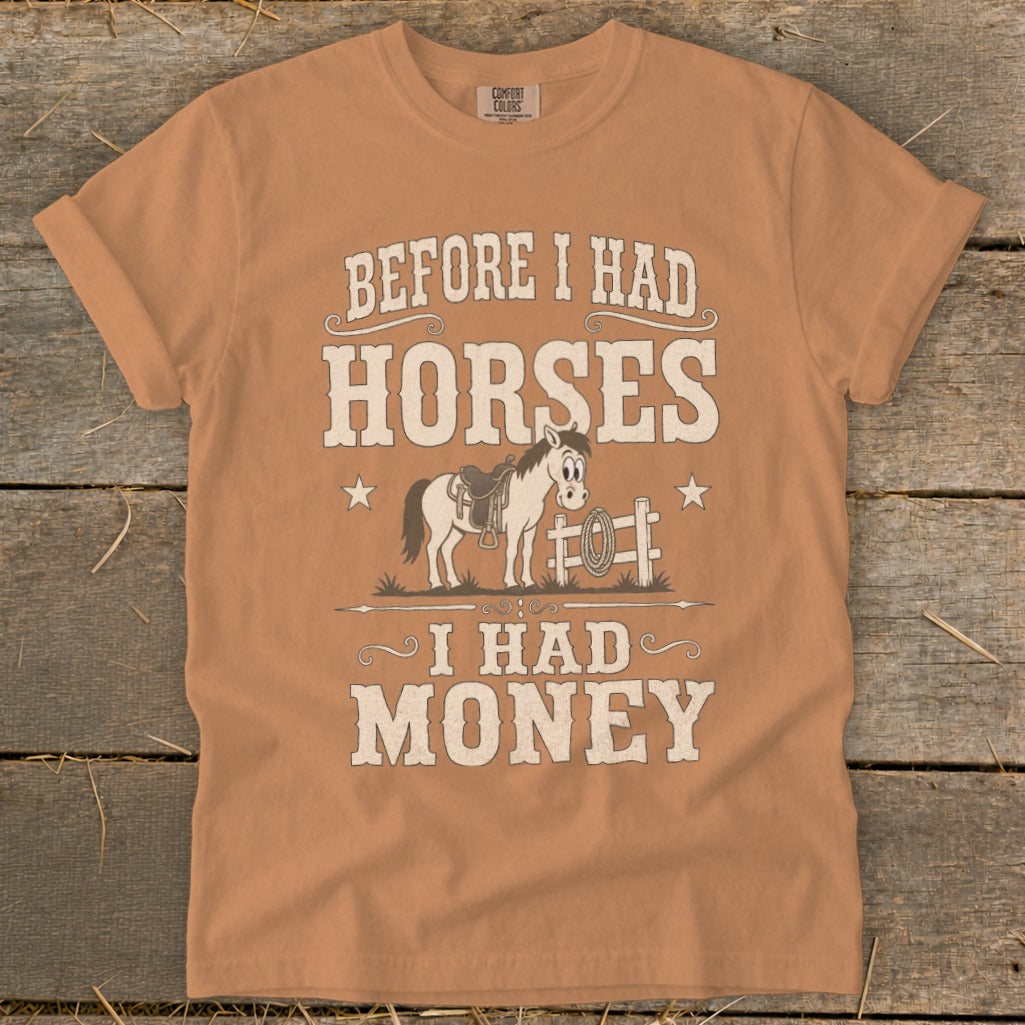 Orange t-shirt with text: BEFORE I HAD HORSES I HAD MONEY and a cartoon horse.