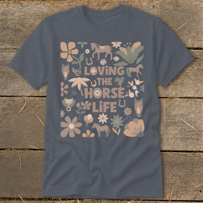 Gray t-shirt with "Loving the Horse Life" text and horse and floral graphic.