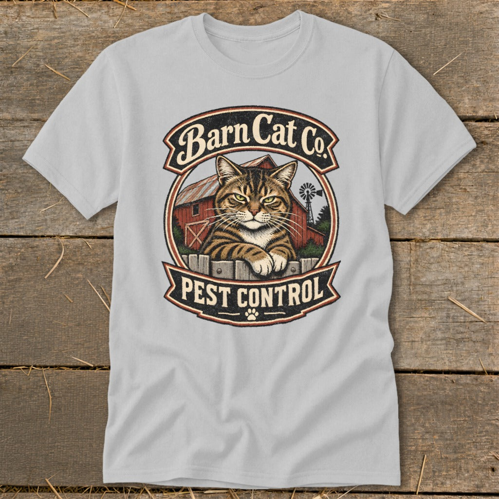 Light gray t-shirt featuring a circular graphic with a tabby cat, barn, and Barn Cat Co. Pest Control text.