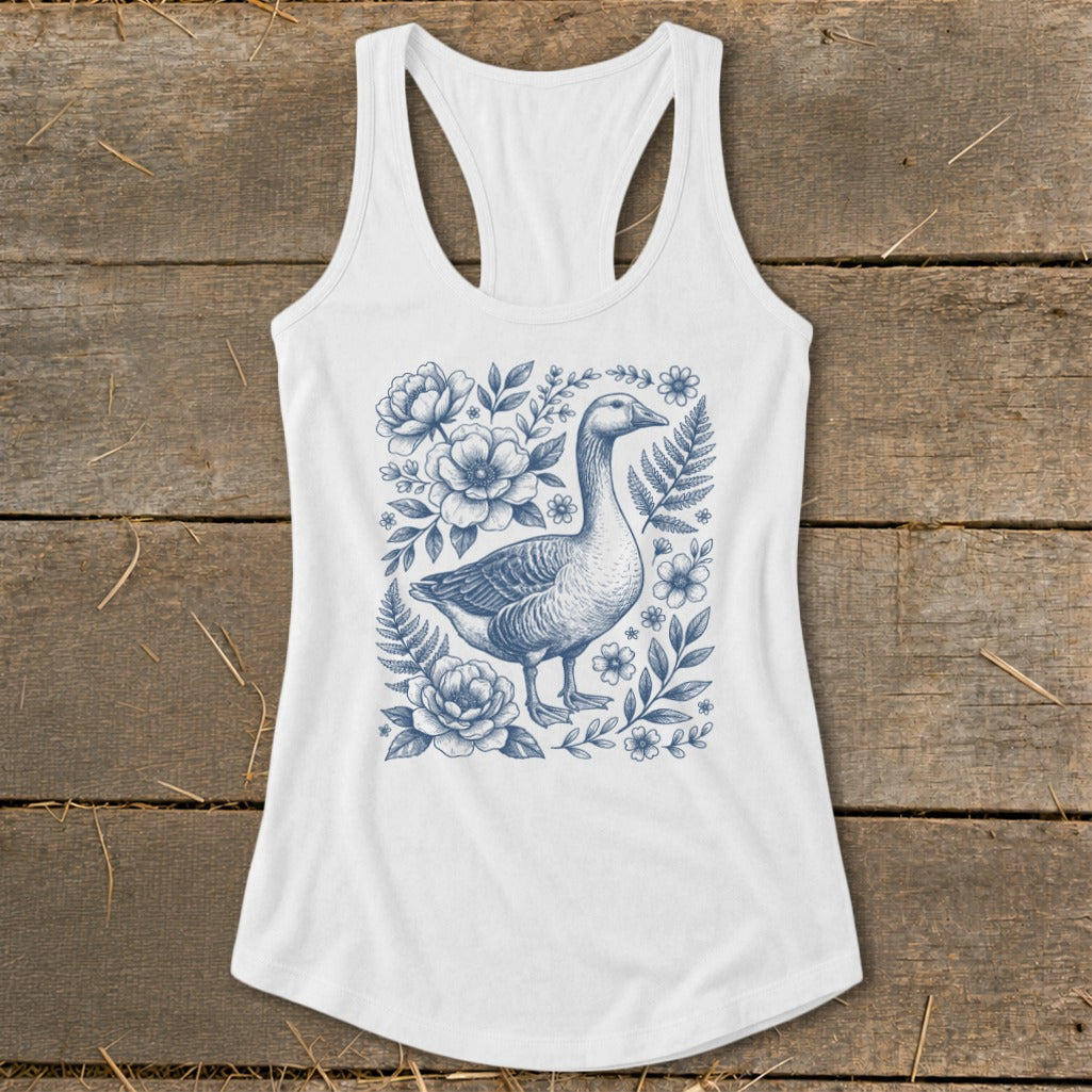White tank top with a vintage blue goose and floral illustration on the front.