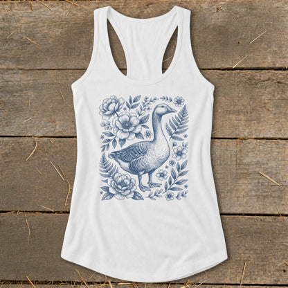 White tank top with a vintage blue goose and floral illustration on the front.
