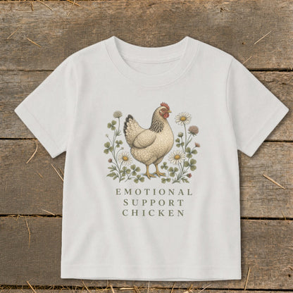 White t-shirt with chicken illustration and text: "Emotional Support Chicken".