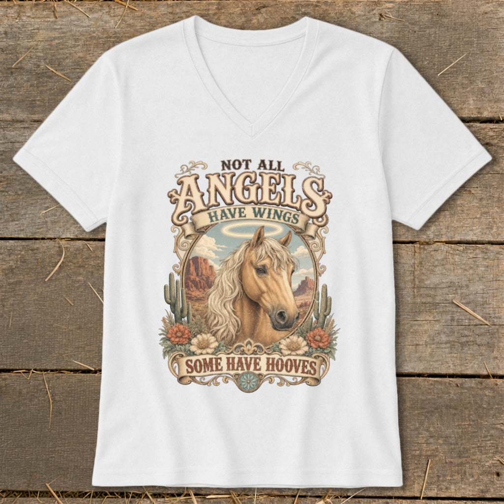 White t-shirt with "NOT ALL ANGELS HAVE WINGS SOME HAVE HOOVES" text and horse graphic.