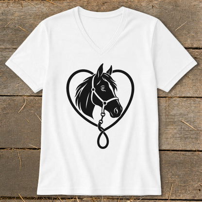 White V-neck t-shirt featuring a black graphic of a horse head inside a heart.