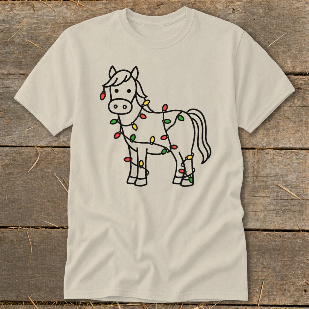T-shirt with a line drawing of a horse decorated with colorful Christmas lights.