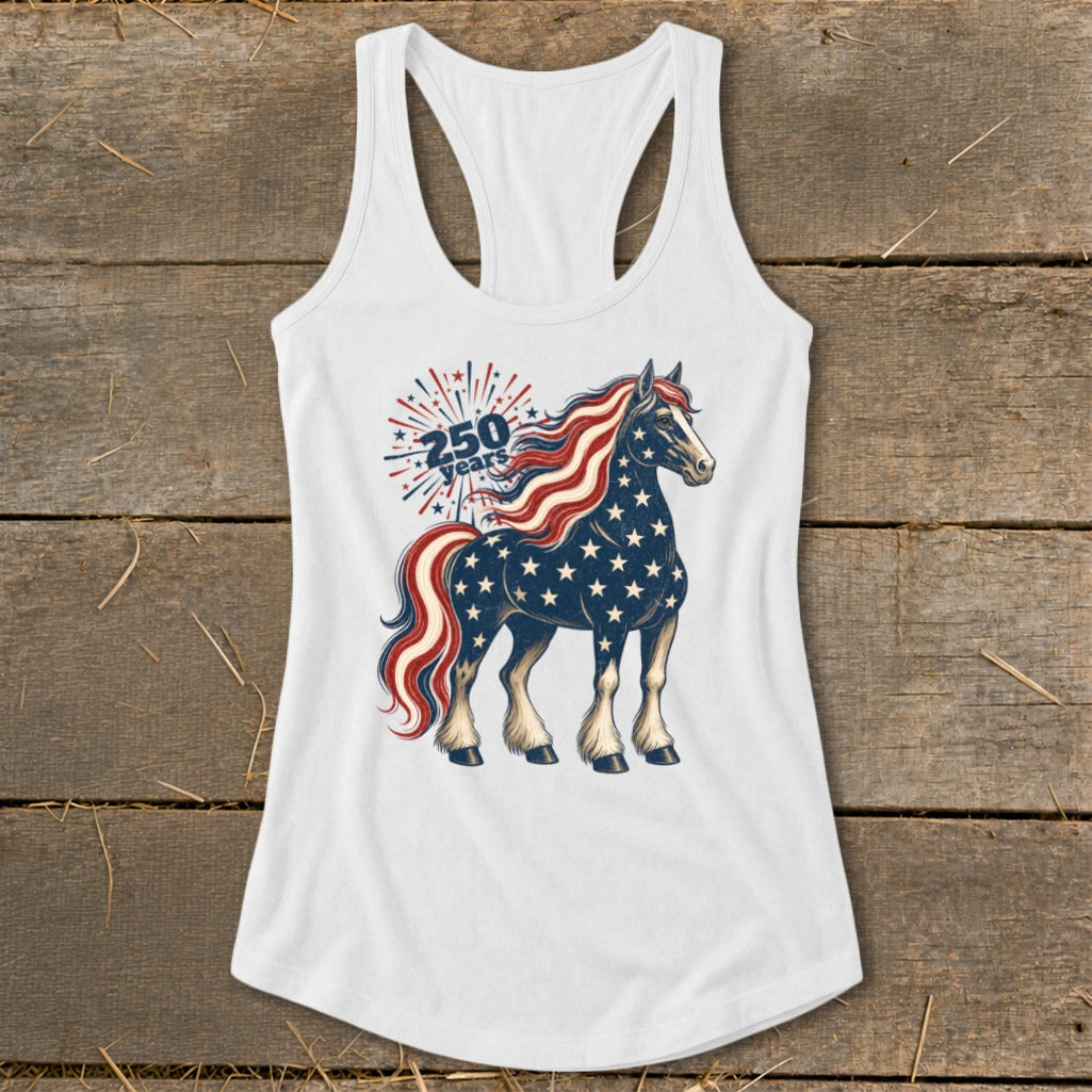 White tank top featuring a horse with stars and stripes pattern and "250 Years" text.