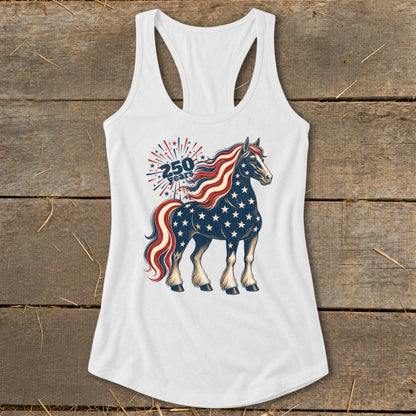 White tank top featuring a horse with stars and stripes pattern and "250 Years" text.