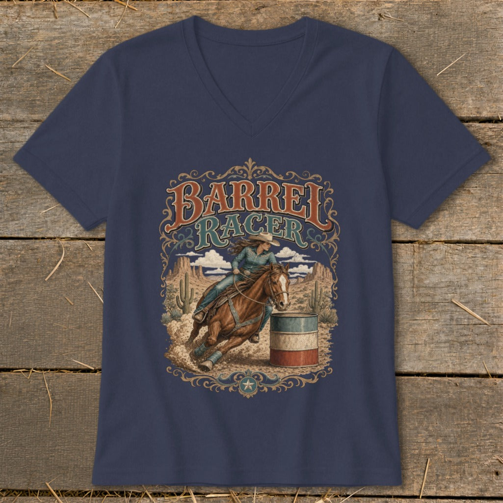 Barrel racer on a horse turns around a barrel with desert scenery and text.