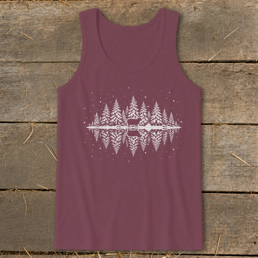 Maroon tank top with white forest and deer reflection design