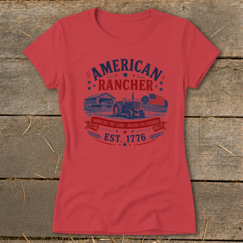Red t-shirt with "American Rancher Est. 1776" graphic featuring a tractor and barn.