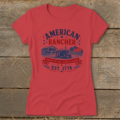 Red t-shirt with "American Rancher Est. 1776" graphic featuring a tractor and barn.