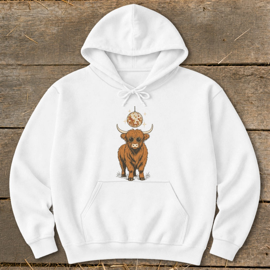 White hoodie with a Highland cow wearing sunglasses and a disco ball overhead.