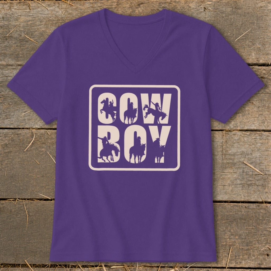 Purple v-neck t-shirt with a white rectangle containing "COW BOY" text and cowboy silhouettes.