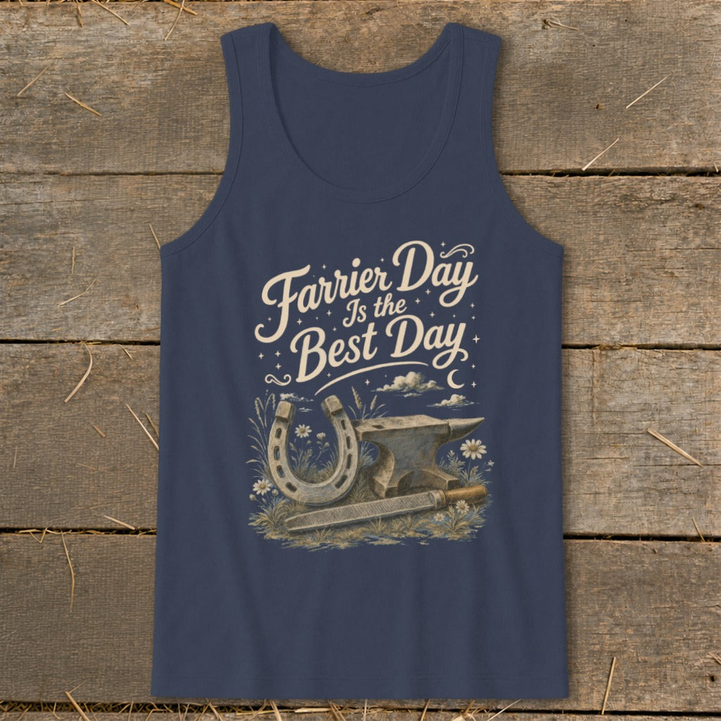 Navy tank top with "Farrier Day Is the Best Day" text, horseshoe, anvil, and file graphic.