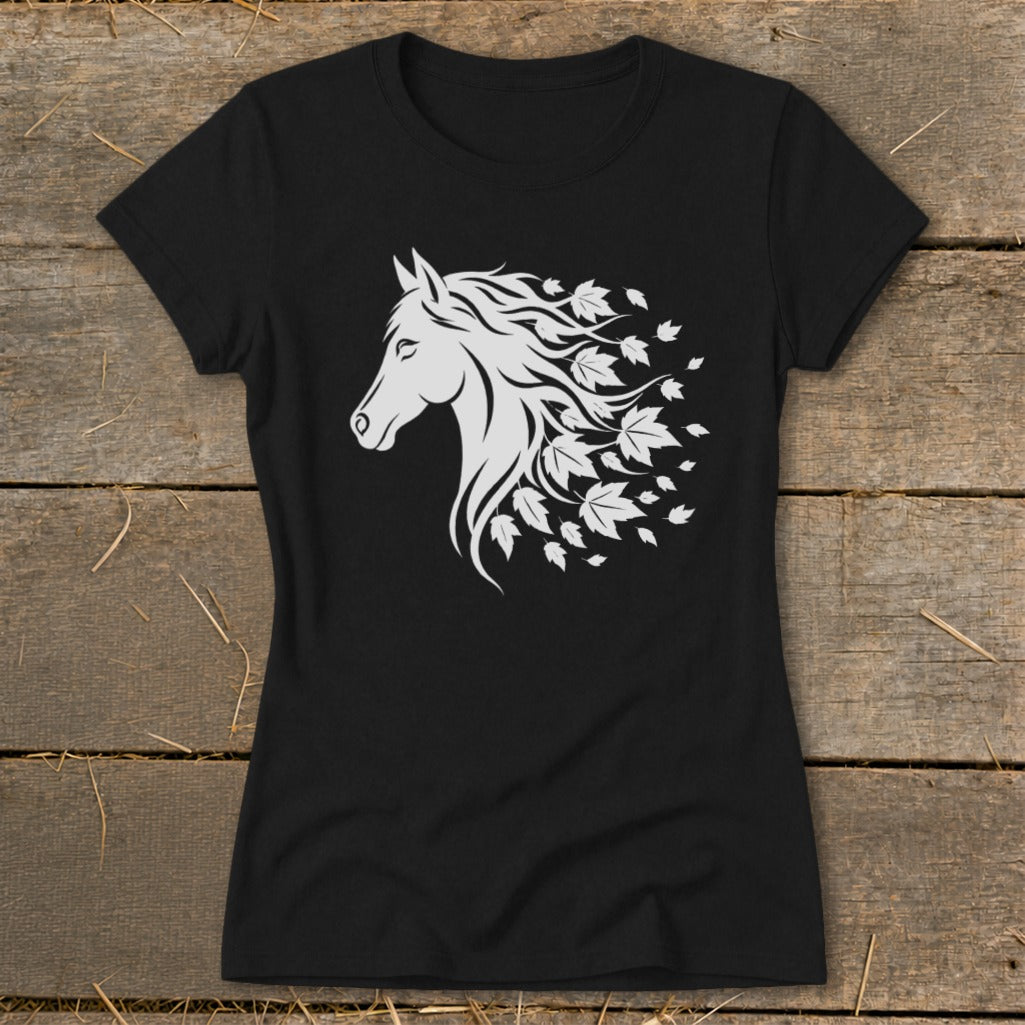 Black t-shirt with a white silhouette of a horse's head with flowing mane resembling leaves.