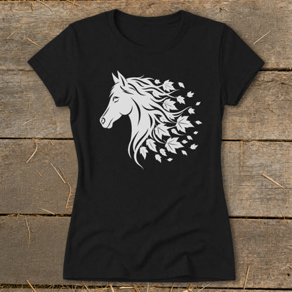 Black t-shirt with a white silhouette of a horse's head with flowing mane resembling leaves.