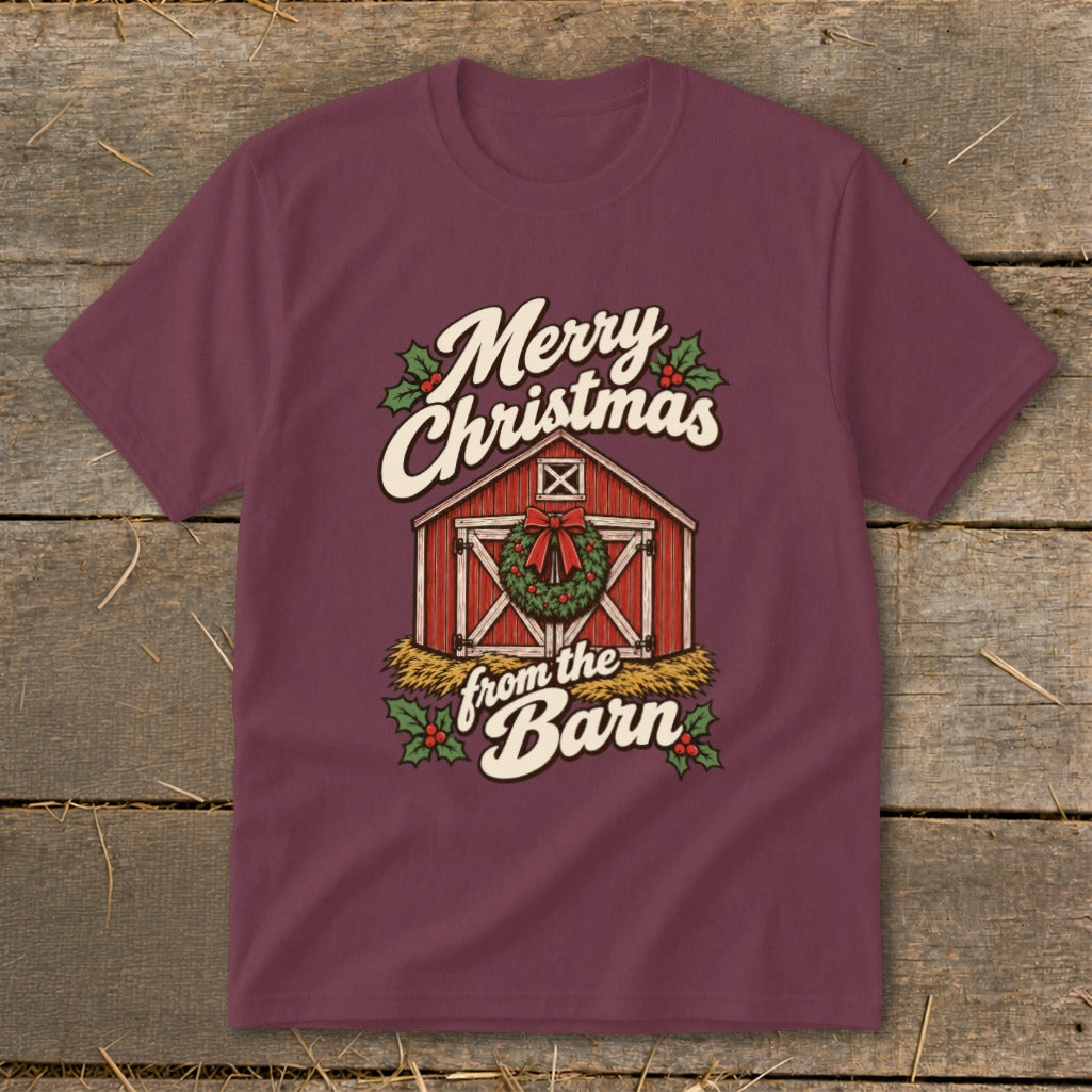 Maroon t-shirt with "Merry Christmas from the Barn" text and barn graphic.