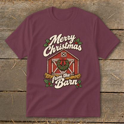Maroon t-shirt with "Merry Christmas from the Barn" text and barn graphic.