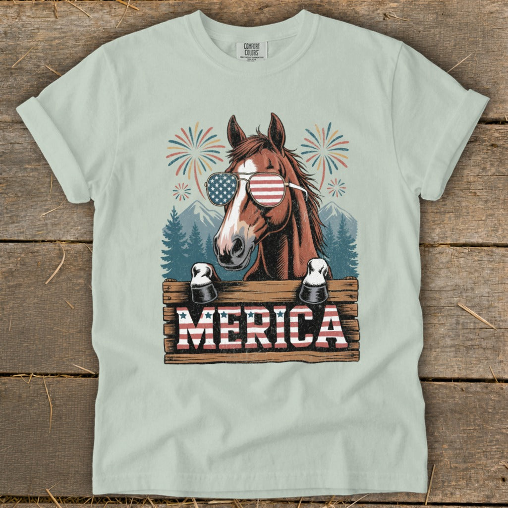 Horse wearing American flag sunglasses stands behind "MERICA" sign with fireworks.