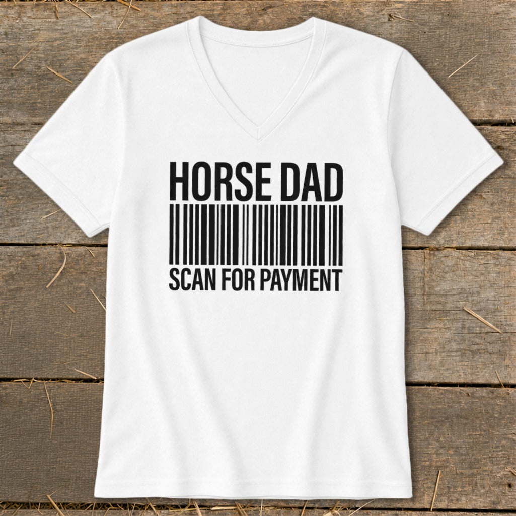 White t-shirt with "HORSE DAD SCAN FOR PAYMENT" and barcode graphic.