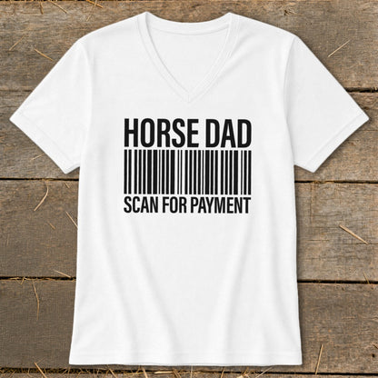 White t-shirt with "HORSE DAD SCAN FOR PAYMENT" and barcode graphic.