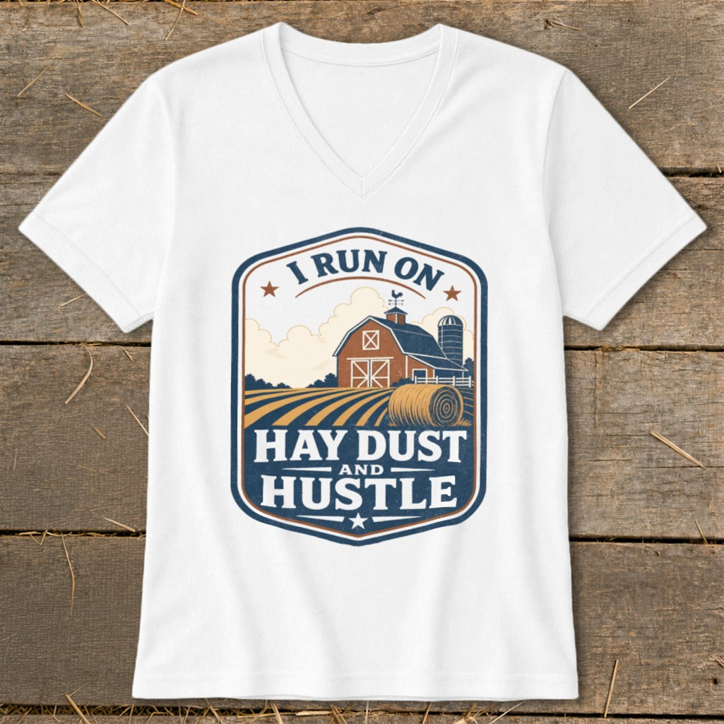 White t-shirt with "I Run On Hay Dust and Hustle" farm graphic.