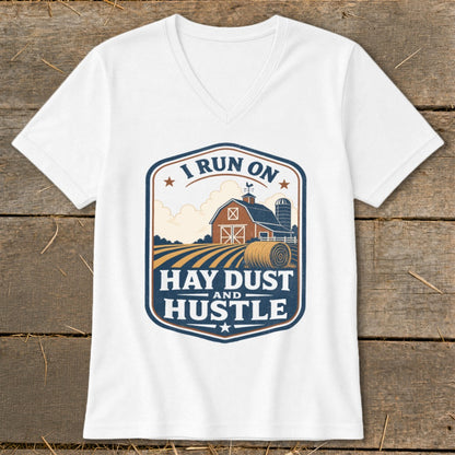 White t-shirt with "I Run On Hay Dust and Hustle" farm graphic.