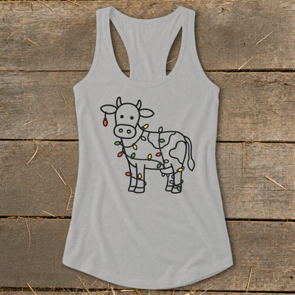 Grey tank top with a black outline drawing of a cow decorated with colorful Christmas lights.
