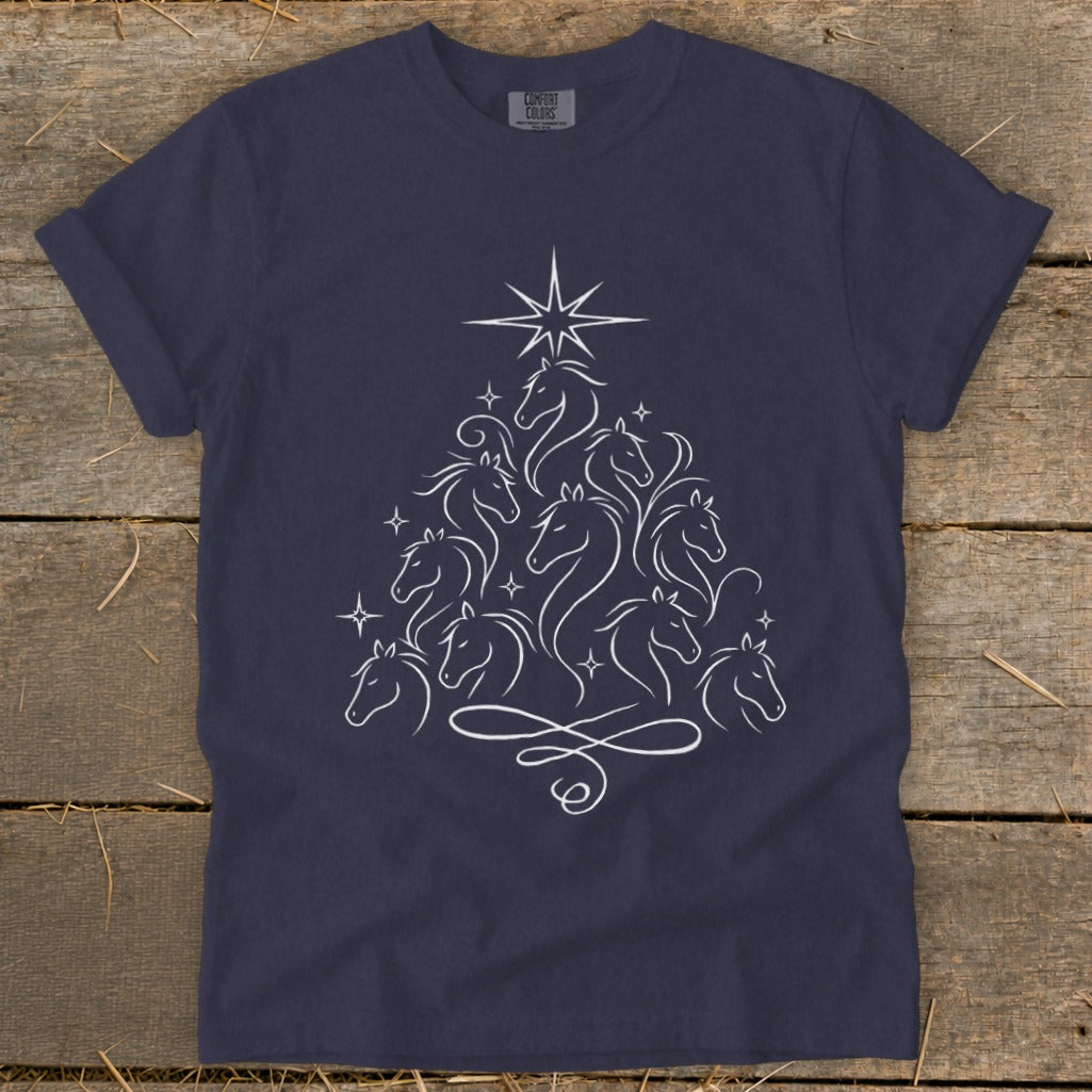Navy t-shirt with white line art of horses arranged in a Christmas tree shape.