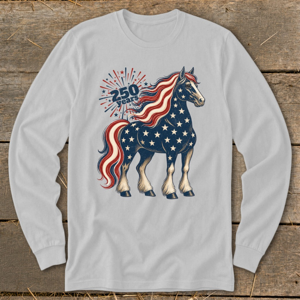 Horse graphic with American flag pattern and "250 years" text.