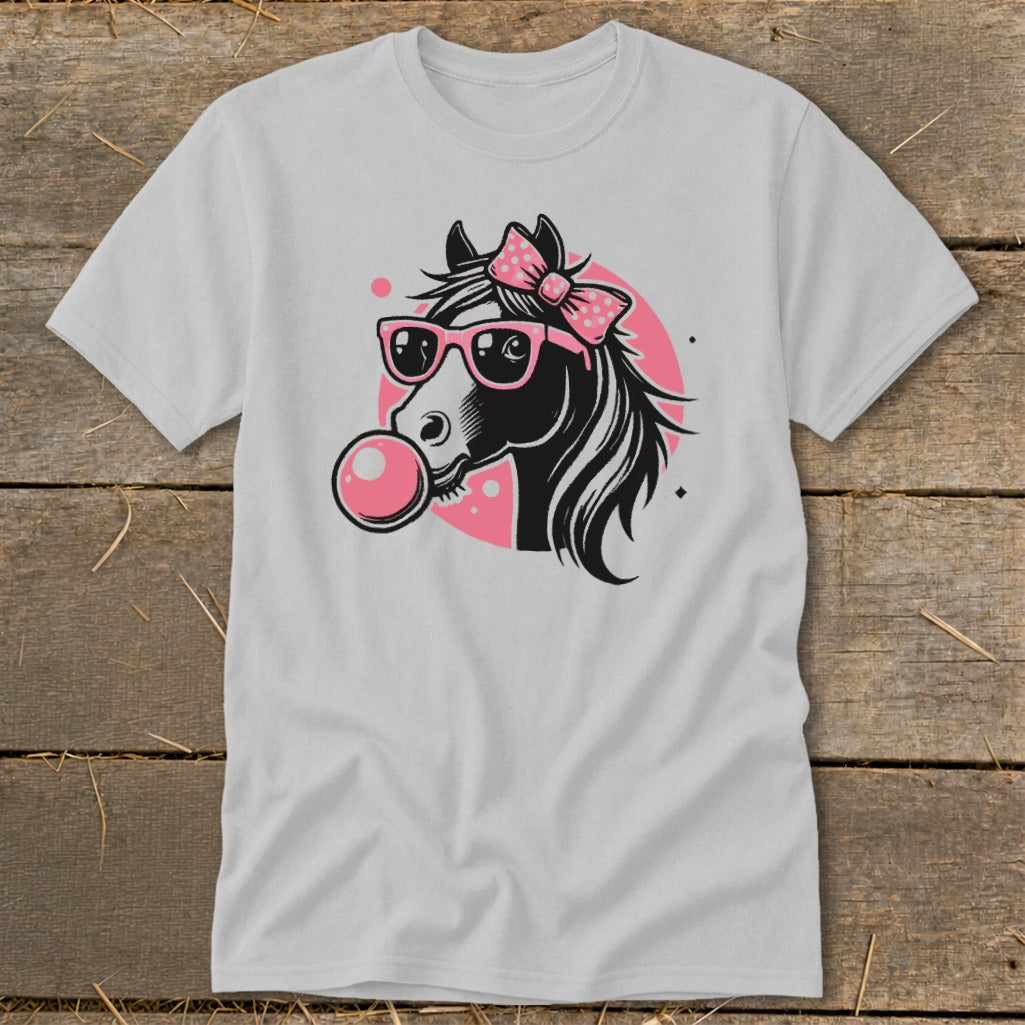 Horse head wearing pink sunglasses and bow, blowing pink bubblegum.