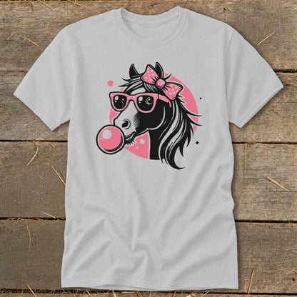 Horse head wearing pink sunglasses and bow, blowing pink bubblegum.