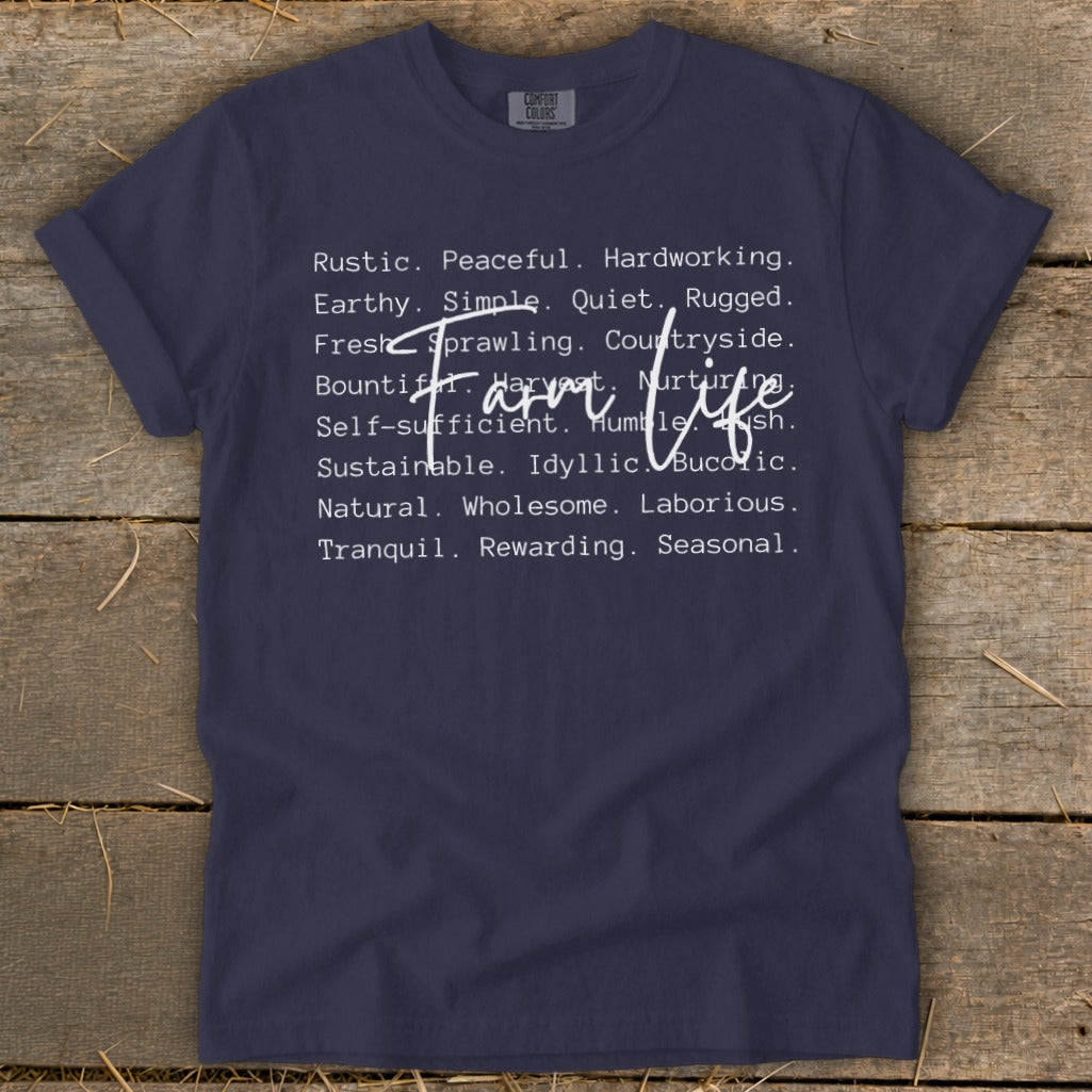 Navy t-shirt with "Farm life" and descriptive words in white text.