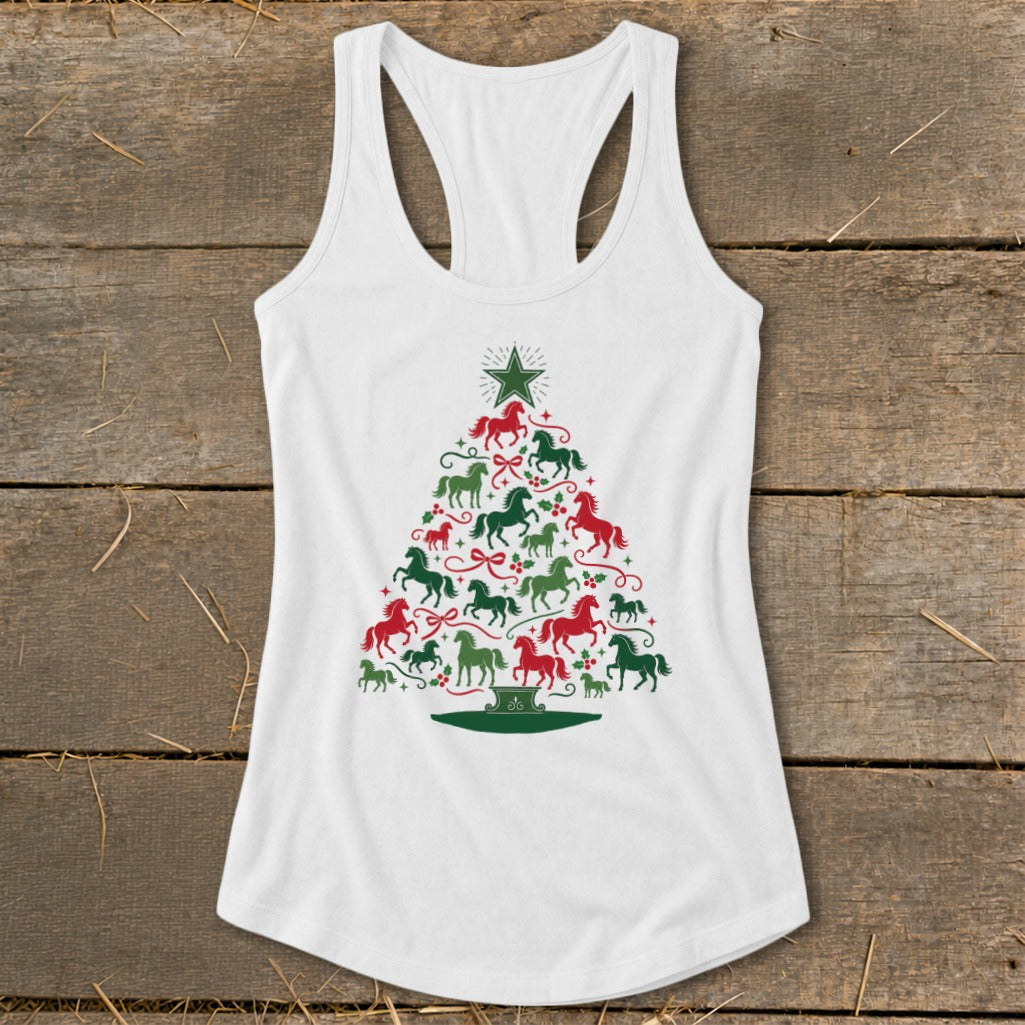 White tank top with a Christmas tree made of red and green horses.