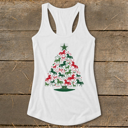 White tank top with a Christmas tree made of red and green horses.