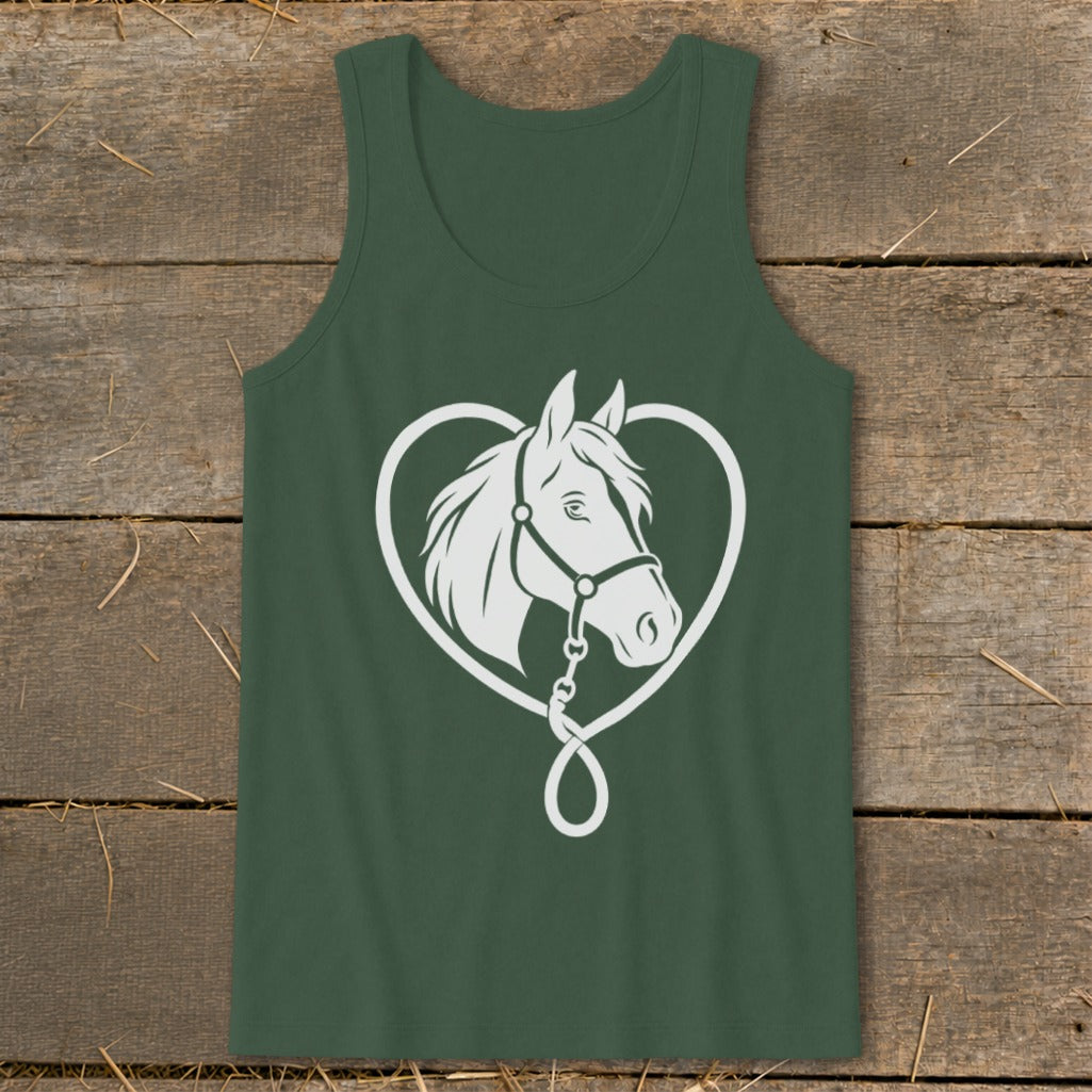 Dark green tank top featuring a white graphic of a horse head inside a heart shape.
