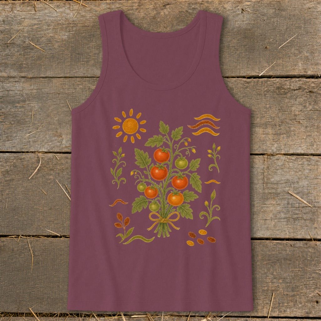 Burgundy tank top with a folk art illustration of a tomato plant and sun.