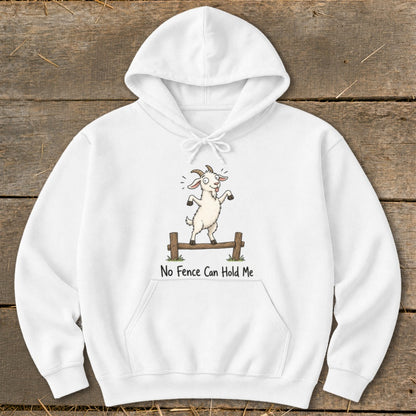 White hoodie with a cartoon goat on a fence and text "No Fence Can Hold Me."