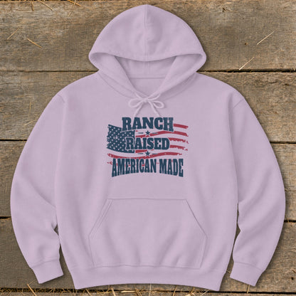 Lilac hoodie with "RANCH RAISED AMERICAN MADE" text and distressed US flag graphic.