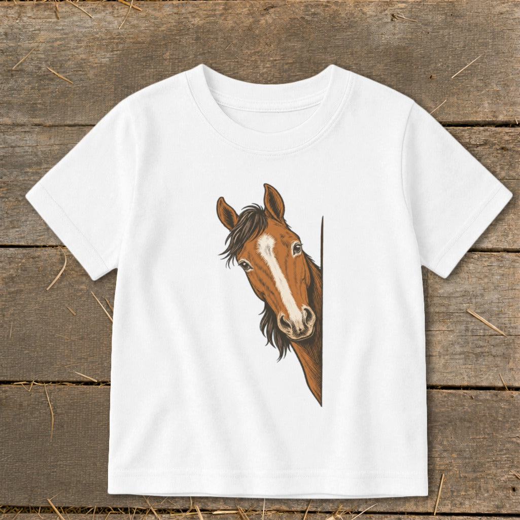 White t-shirt with a brown horse peeking from the right side.