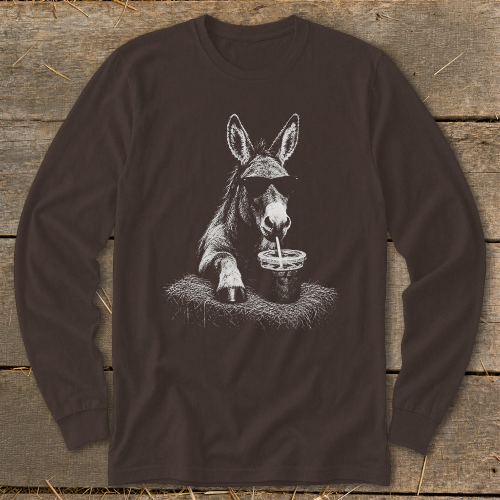 Donkey wearing sunglasses drinks from a straw with a cup on straw.