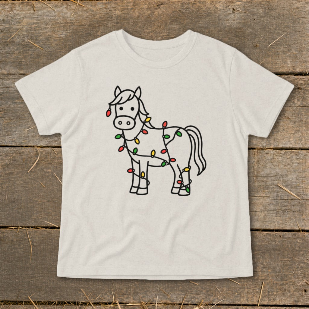 T-shirt with a cartoon horse adorned with colorful Christmas lights.