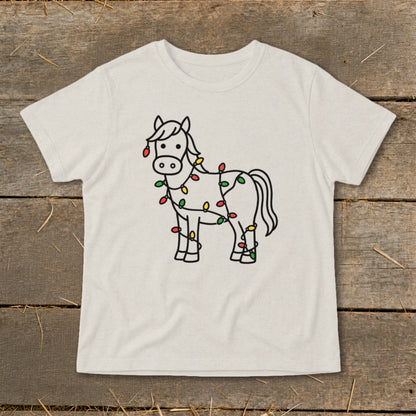 T-shirt with a cartoon horse adorned with colorful Christmas lights.