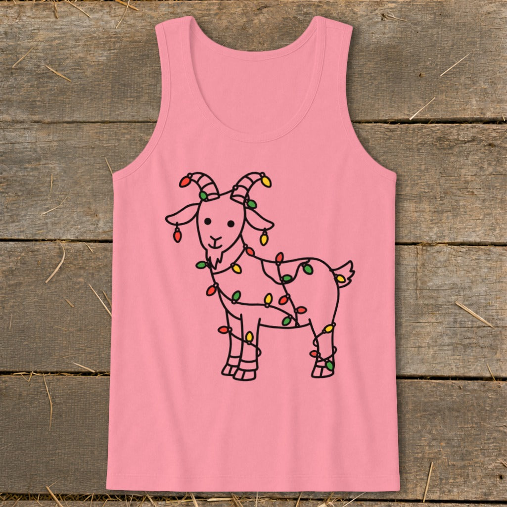 Pink tank top with a black outline illustration of a goat tangled in Christmas lights.