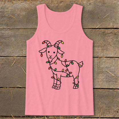 Pink tank top with a black outline illustration of a goat tangled in Christmas lights.