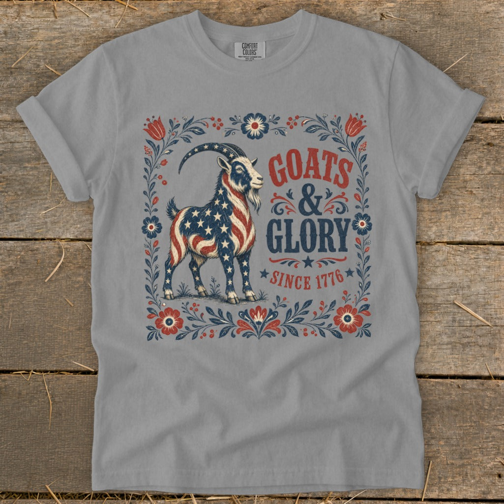 Goats & Glory since 1776 graphic on gray t-shirt with patriotic goat.