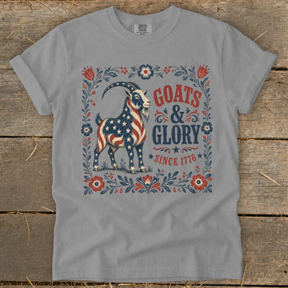 Goats & Glory since 1776 graphic on gray t-shirt with patriotic goat.